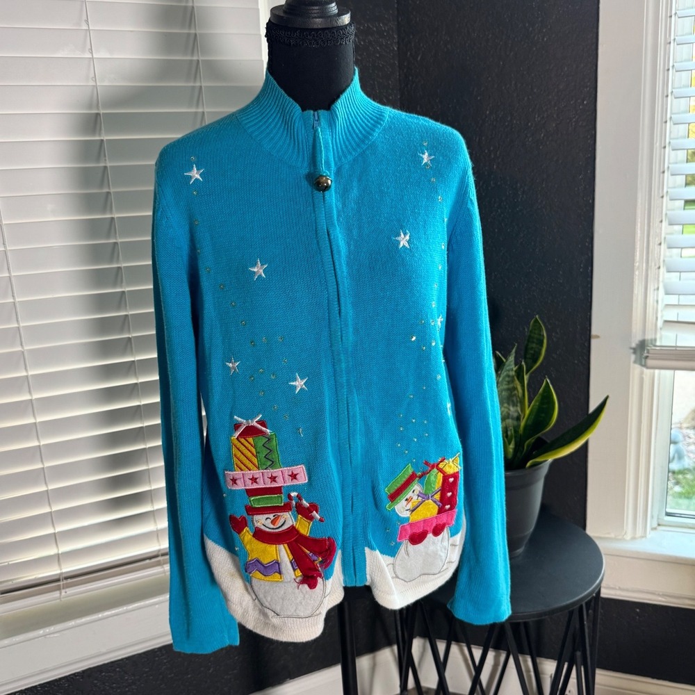 Tiara International Christmas Snowman Zip Cardigan Sweater Blue Womens Medium